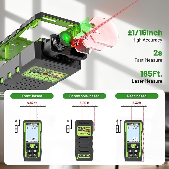 Laser Measuring Tool 3-in-1, Huepar 165 Ft Laser Measure & 33 Ft Green Cross Line Laser Level & 6.5 Ft Tape Measure, Rechargeable, Voice Broadcast, Multi-Mode, Rugged for Construction&Home Use, SW-T50