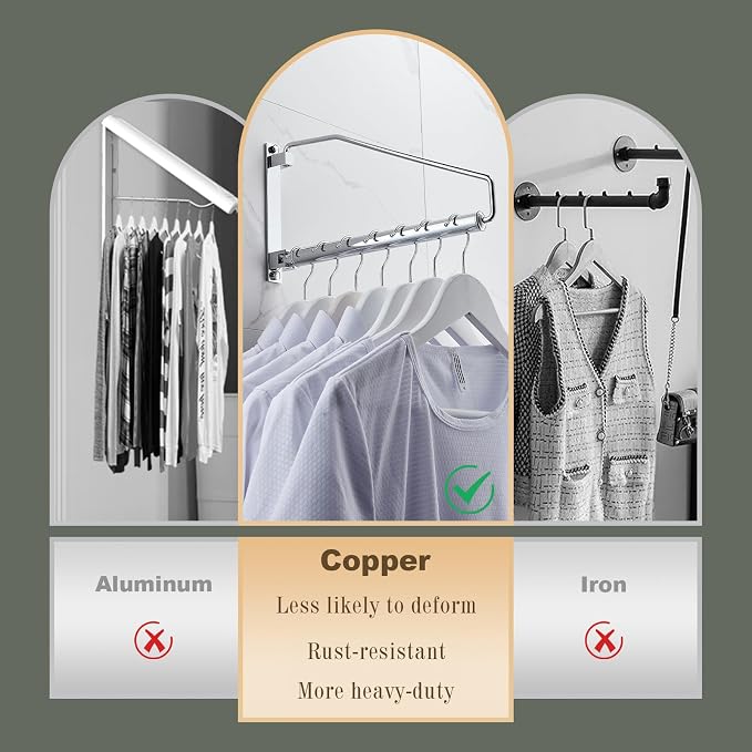 NEWRAIN Laundry Hanger, Wall Mounted Clothes Hanger with Swing Arm Holder Brass Hanging Drying Rack Space Saver,Chrome