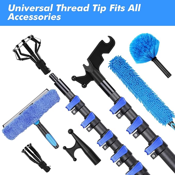DOBEN 12-Foot Carbon Fiber Window Cleaner Tool with Telescopic Extension Pole, Rotating Scrubber & Squeegee - Sturdy Lightweight Design for Indoor/Outdoor Glass Cleaning