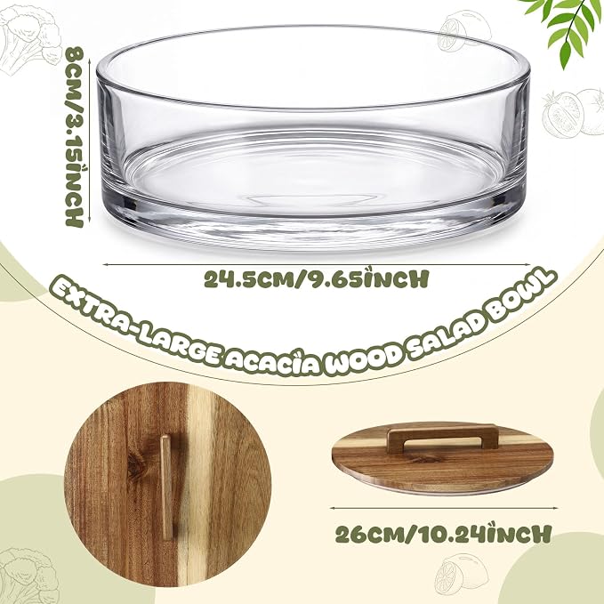 LemonRoad 9.6 Inch Large Glass Salad Bowl with Acacia Wood Lid, Thick Glass Trifle Bowl Versatile Mixing and Serving Dish for Dessert Fruit Pasta Ice Cream Cake Baking Dishwasher Safe