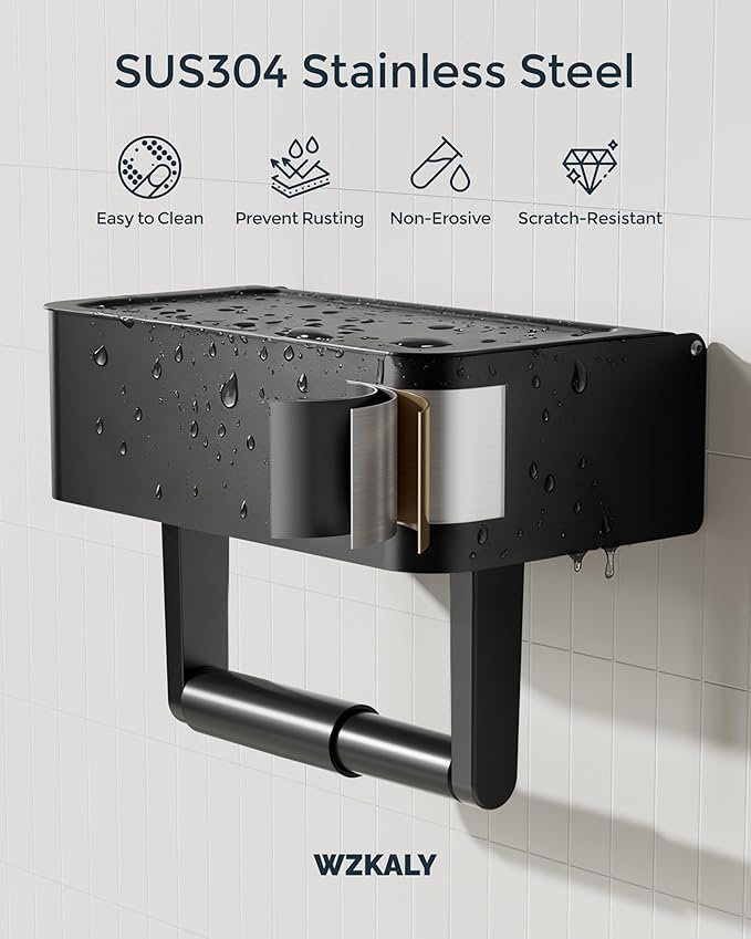 Toilet Paper Holder with Shelf - Flushable Wipes Dispenser & Storage Fits Any Bathroom, Keep Your Wet Wipes Hidden - Stainless Steel Wall Mount Bathroom Organizer -（Matte Black, Regular roll）