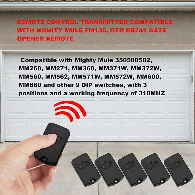 Kingdder 5 Pcs Gate Opener Remote Compatible with Mighty Mule RB741 Gate Control Remote Works Compatible with GTO RB741/FM135 Transmitter Control Single Button Garage Door Controller Replacement