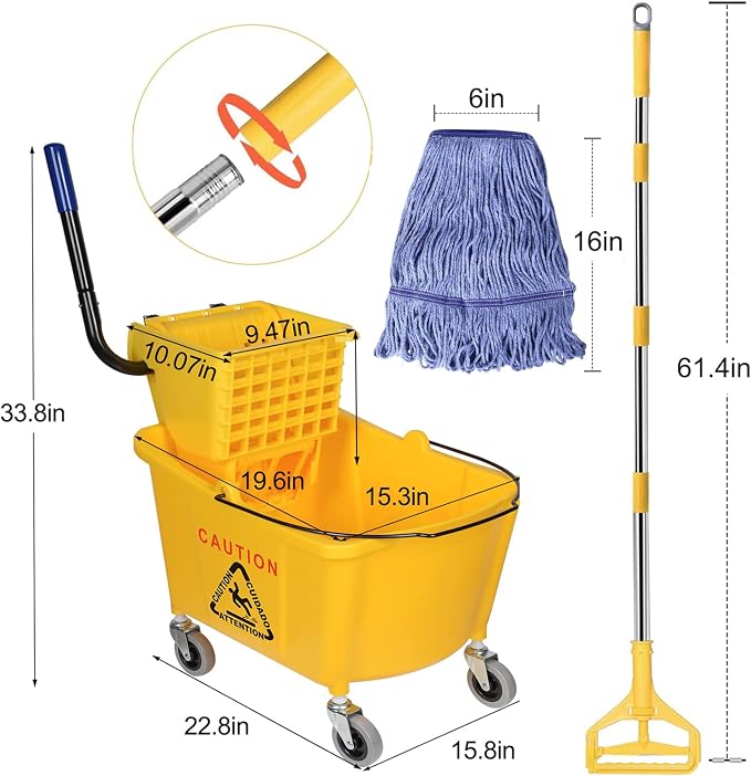Side Press Wringer Combo Commercial Mop Bucket on Wheels, Including 1 Set Commercial Mop Handle with 1 Pack Blue Mop Heads, 35 Quart, Yellow Bucket
