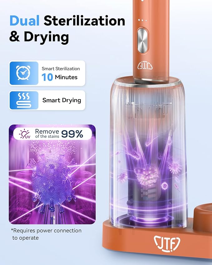JTF Sonic Electric Toothbrush with UV Sanitizing & Drying: 5 Modes for Effective Yet Gentle Cleaning – with 6 Brush Heads, Rinse Cup, Wireless Charging Base, Rechargeable for Daily Care, Home & Travel
