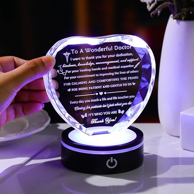 YWHL Doctor Appreciation Gifts for Women Men with Light Base, Crystal Heart Plaque Thank You Gift for Doctors Best Doctors Present Idea for Doctors' Day Retirement Birthday Christmas Table Decor
