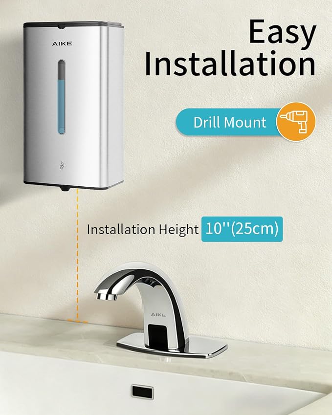 AIKE Heavy Duty Automatic Soap Dispenser,33.8oz for Bathroom,Brushed Steel | 5-Level and Savety Key for Commercial(4*AA Batteries Not Included),Screw Wall Mount for Space-Saving,Stainless Steel AK1207
