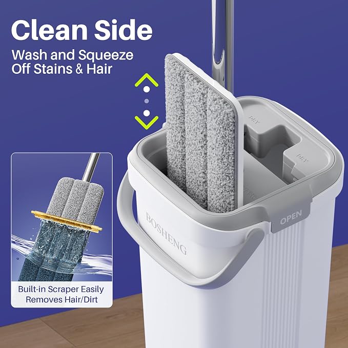 BOSHENG Mop and Bucket Set, Flat Mops for Floor Cleaning, Wall Mop with 60" Extensible Handle, Hardwood Floor Mop with 2 Microfiber Pads