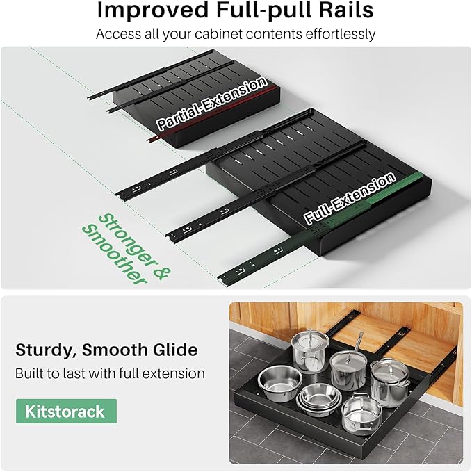 2 Pack Pull out Cabinet Organizer, Expandable(12"-20") Heavy Duty Slide out Drawer Fixed with Adhesive Nano Film for Pots, Roll out Shelf Storage for Kitchen Organization, Pantry, Bathroom(Black)