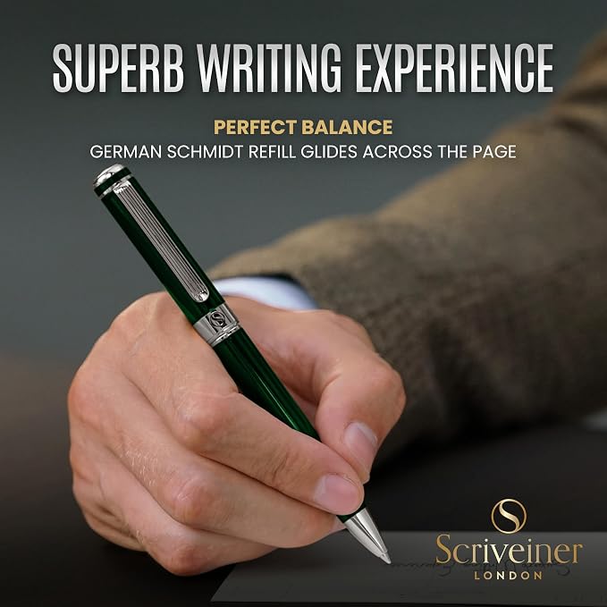 Scriveiner Personalized British Racing Green Ballpoint Pen - Stunning Green Lacquer Luxury Pen with Chrome Finish, Schmidt Ink Refill, Engraved Ball Point Gift Set for Men & Women, Custom Engraving
