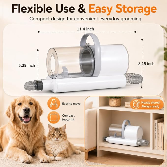Dog Grooming Vacuum, 12000Pa Powerful with 1.5L Cup 7 in 1 Pet Electric Grooming Vacuum for with Hair Clipper & Shedding Brush, Low Noise, 3 Suction Levels for Thick Hair Cats & Dogs
