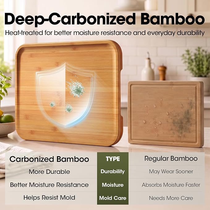 FSC-Certified Deep-Carbonized Bamboo Cutting Board for Kitchen with Wood Stand