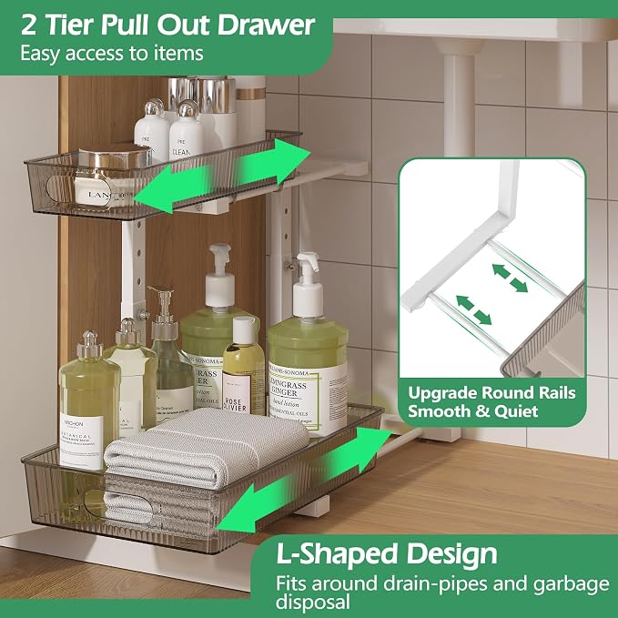 ADRIMER Under Sink Organizer 2 Packs, Pull Out Kitchen Sink Organizer, 2 Tier Slide Out Kitchen Organizers and Storage Bathroom Under Cabinet Storage Shelf, Grey & White