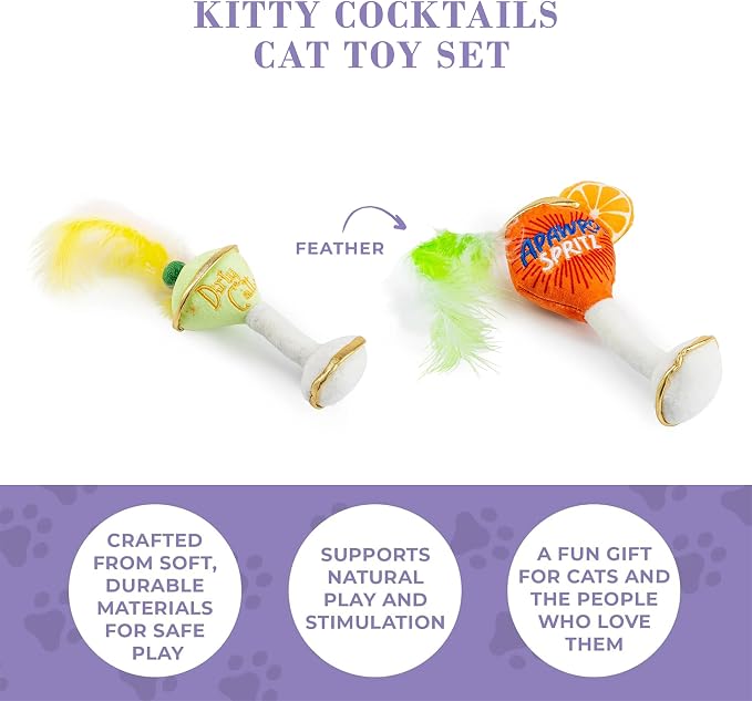 Haute Diggity Kitty Cocktails Apawrol Spritz & Cattini Set, Plush Cat Toys Catnip Filled with Interactive Crackle Sound, Safe, Durable Toys for Cat & Kitten, 2 Pcs