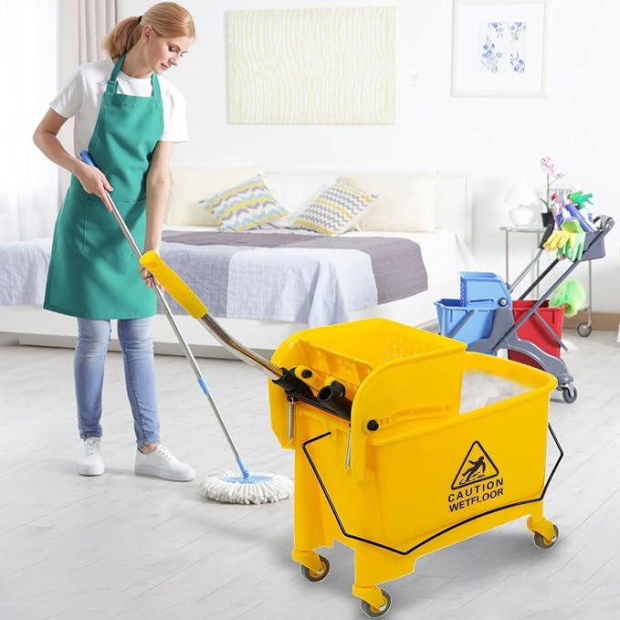 Mop and Bucket with Wringer Set, Janitorial Cart Spring Wringer on Wheels for Home & Industrial, Mop Bucket & Side Wringer Combo for Home Office Cleaning (1PC Yellow)
