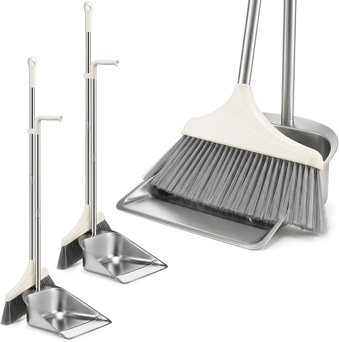 2 Pack Stainless Steel Broom and Dustpan Set Heavy Duty, Long Handle Dustpan with Upright Stand, Angled Bristles for Indoor and Outdoor Home Kitchen Floor Cleaning