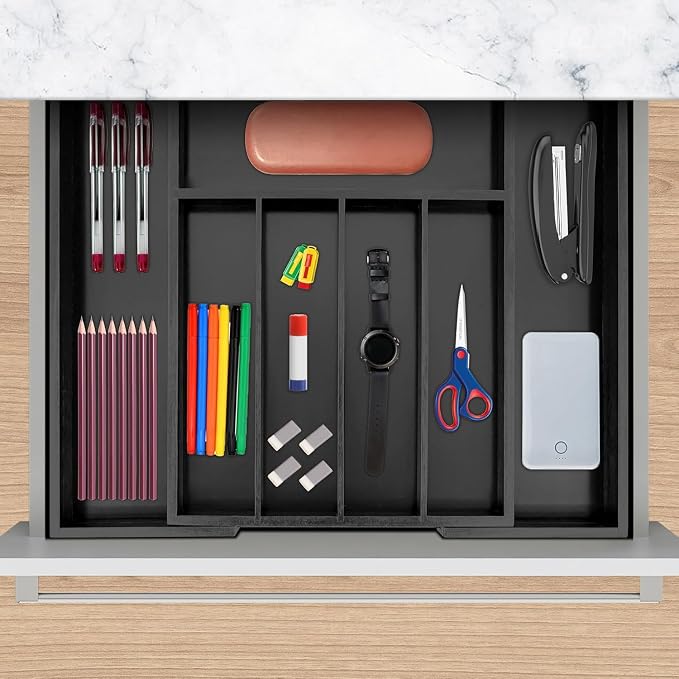 VaeFae Bamboo Drawer Organizer, Expandable Silverware Drawer Organizer, Cutlery Tray with Dividers for Kitchen Utensils (Black, Medium)