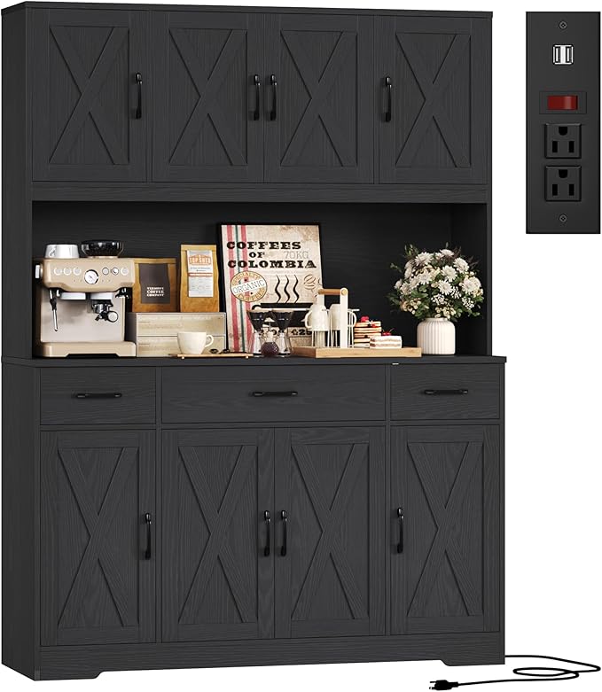 HOSTACK 71" H Kitchen Pantry Cabinet, 55" Kitchen Hutch, Black Wood Grain | Large Pantry Cabinet with Charging Station / Countertop / 3 Drawers, Farmhouse Hutch Cabinet with Storage for Dining Room