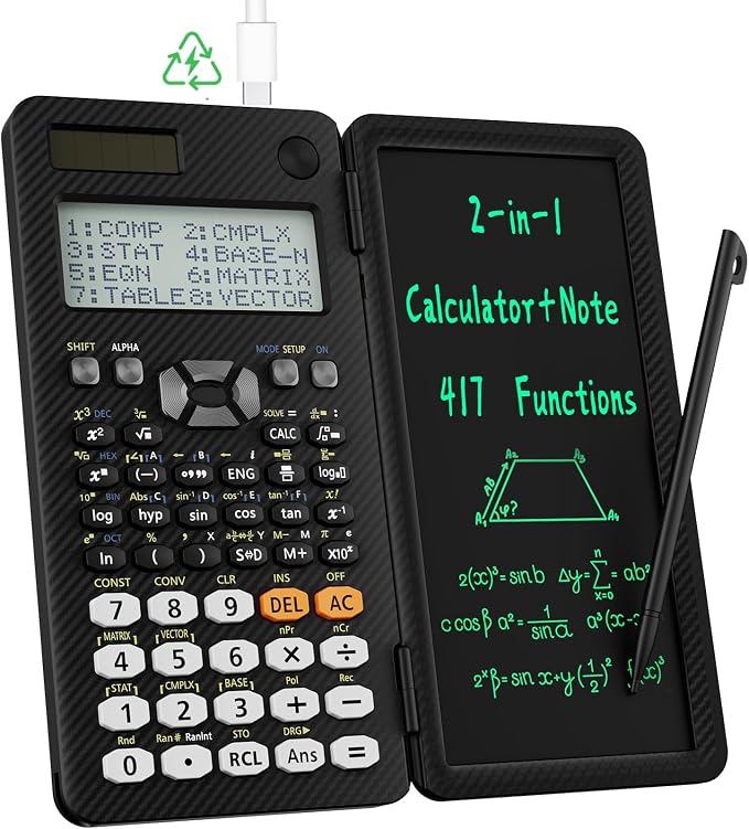 Rechargeable ROATEE 991ES MAX Scientific Calculators, CalcNote Multiview 4-Line Display with LCD Writing Tablet Notepad, Foldable Portable for Business High School College Students and Teacher(Black)