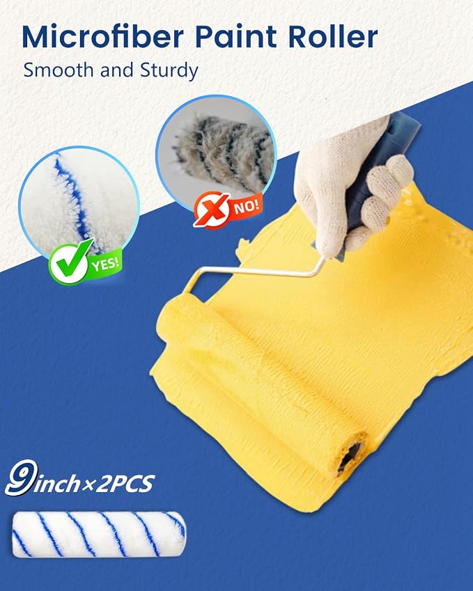 3pcs Paint Roller Kit | 9 inch Paint Rollers with Paint Roller Frame for Painting Walls | 2 Microfiber Roller Covers for Professional Painting