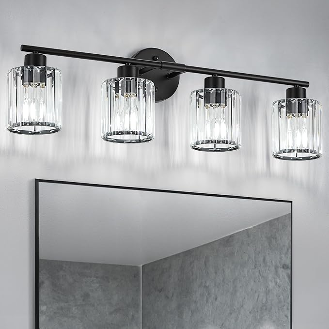 Crystal Bathroom Light Fixtures, Bathroom Lighting Fixtures Over Mirror, Modern Black 4-Light Vanity Lights for Mirror, Restroom, Bedroom (Ceramic E26 Socket,Bulbs Not Include)