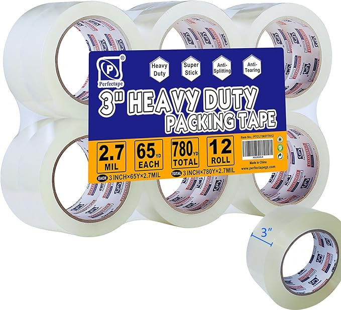PERFECTAPE 3" Heavy Duty Packing Tape 12 Rolls, Total 780Y, Clear, 2.7 mil, 3 inch x 65 Yards, Ultra Strong, Refill for Packaging and Shipping(3" Width, not 2" Width) | Total 780Y, 2.7 mil, Ultra Strong, Refill for Packaging and Shipping(3" Width, not ...