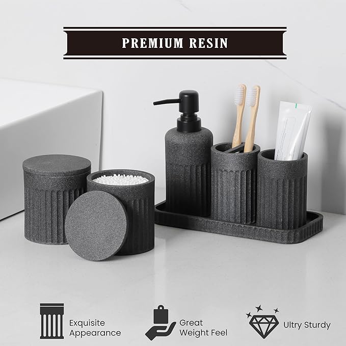 INIUNIK Bathroom Accessory Set - 6 Pieces Bathroom Accessories Set Complete with Soap Dispenser, Toothbrush Holders, Tumbler, Vanity Tray and 2 Qtip Holder for Home Organizer and Decor, Dark Grey