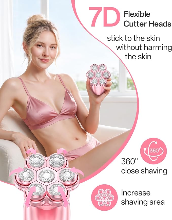 Electric Razors for Women, 5-in-1 Womens Electric Shavers for Legs, 7D Waterproof Wet Dry Travel Body Hair Remover Bikini Shavers for Lady Face Underarms Public