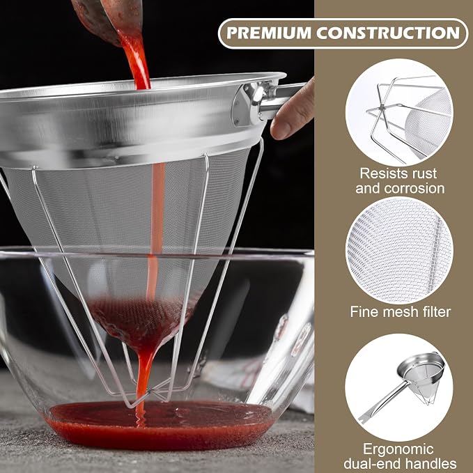 8 Inch Chinois Strainer,18/8 Stainless Steel Conical Fine Mesh Bouillon Sieve, Heavy Duty China Cap Strainers with Stand for Sauces Soups Broth Purees Jam