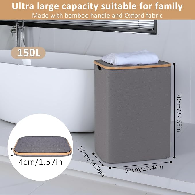 iEGrow 150L Laundry Hamper with Lid-Large Laundry Basket with Bamboo Handles, Grey Hampers for Laundry, Dirty Clothes Hamper with 2 Removable Inner Bags for Clothes Towels