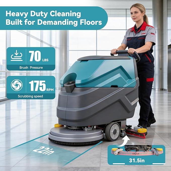 Walk Behind Commercial Floor Scrubber Machine, 22" Rotary Disc Brush, 31.5" Squeegee Width, 18.5-gal Sewage Tank, 15.9-Clear Water Tank,32000 sqft/h, High Efficiency for Large Areas