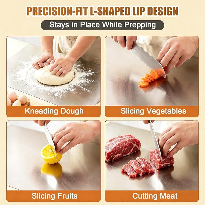 Stainless Steel Cutting Board with Lip, Non Toxic Kitchen Countertop Stainless Steel Cutting Board, Dishwasher Safe Metal Chopping Board for Meat, Fruits, Vegetables, Baking (60 x 40cm/23.6 x 15.7 in)