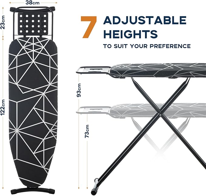 RAINHOL Ironing Board 43x13, Compact Iron Board Full Size with Heavy Duty Iron Rest, Thick Padded Cover, Adjustable Height, Sturdy Lightweight Steel Legs, Black