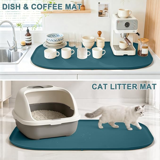 SMILOOL Waterproof Silicone Pet Food Mat with Raised Edge for Dog & Cat | 36" x 24" Non-Slip Large Pet Feeding Mats with Lip for Food & Water Bowl, Food Grade, Easy Cleaning, Salte Blue