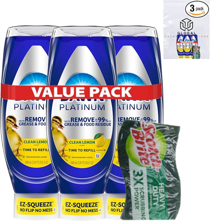 Dawn EZ Squeeze Platinum Liquid Dish Soap, 20.5 Fl Oz (Pack of 3), Lemon Scent, bundled with Heavy Duty Scotch Brite Sponge