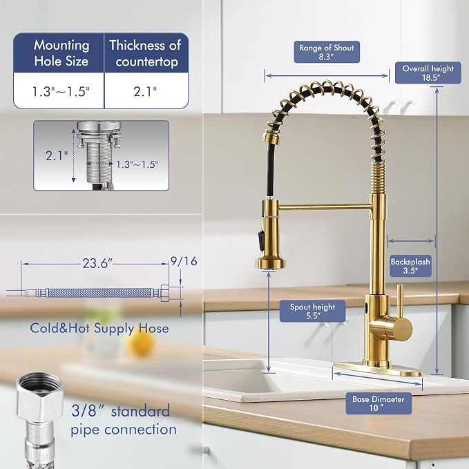 GIMILI Gold Touchless Faucet with Pull Down Sprayer, Motion Sensor Smart Activated Single Hole Spring Faucet for Kitchen Sink