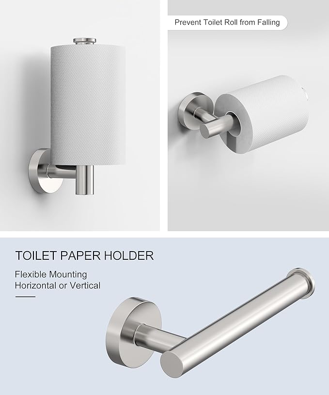 6 Pcs Brushed Nickel Bathroom Accessories Hardware Set SUS304 Stainless Steel Hand Towel Bar Toilet Paper Holder Towel Ring Robe Towel Hooks Wall Mounted by HOMEMYSTIQUE