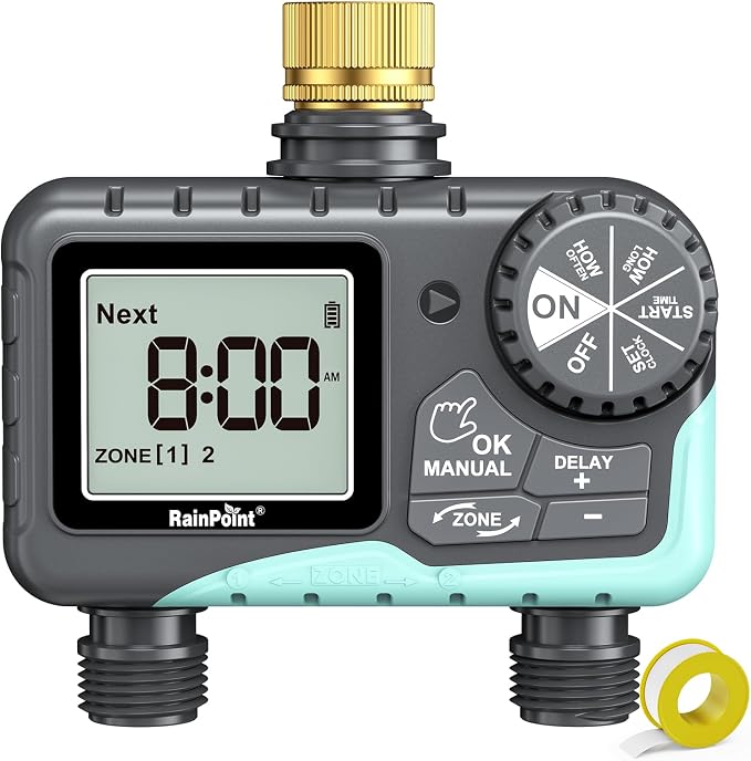 RAINPOINT Sprinkler Timer 2 Outlet, Water Timer for Garden Hose, Programmable Drip Irrigation for Yard Outdoor Watering, Rain Delay/Manual/Automatic (Brass, 1 pcs)