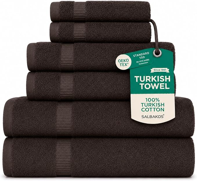SALBAKOS 100% Turkish Cotton Bathroom Towel Set of 6-Piece, Chocolate | 630 Gsm Thick Super Soft Highly Absorbent 2 Bath + 2 Hand + 2 Washcloth Towels Sets, Giftable, Hotel Quality, Made in Turkey