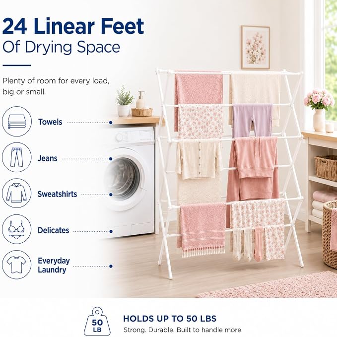 Honey-Can-Do Oversized Clothes Drying Rack, 35" Wide, 50 lb, White | Extra-wide 35" family-size rack holds 50 lb of wet laundry. Rust-resistant steel folds flat; indoor or outdoor use.