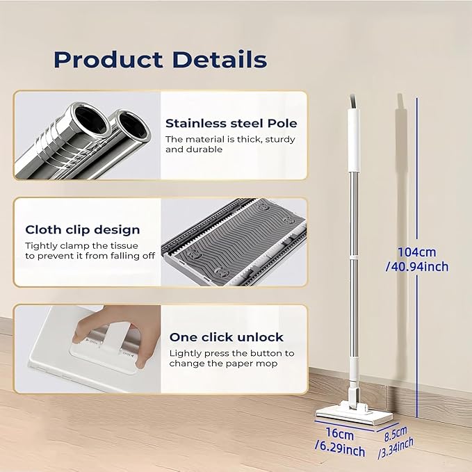 Snap Grip Mini Mop - No Wash Lazy Sweeper Mops, Zero Touch Disposable Dust Mop (Long Mop)