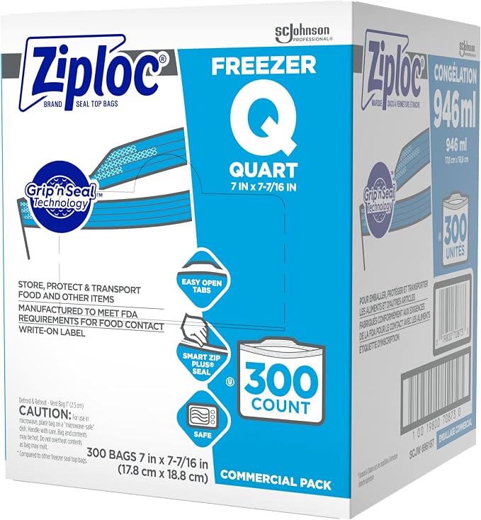 Ziploc Freezer Bags, For Food Organization and Storage, Double Zipper, Quart, 300 Count (Pack of 8, 2400 Count Total)