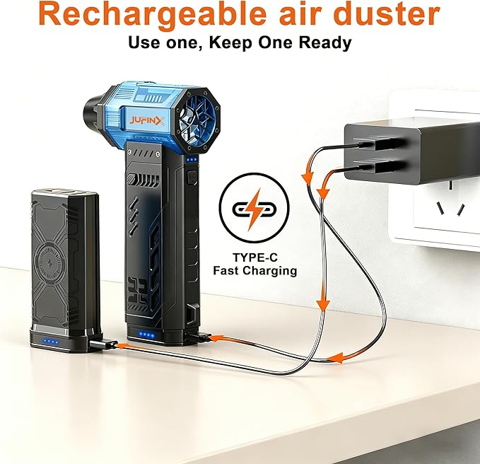 Air Duster - 250,000RPM Compressed Air Duster, Replaceable Batteries 2pcs,Long Life-mini Blower, 3-Gear Adjustable- Electeic Air Duster for Keyboard,PCs,Leaves,Car Cleaning (2*Batteries)