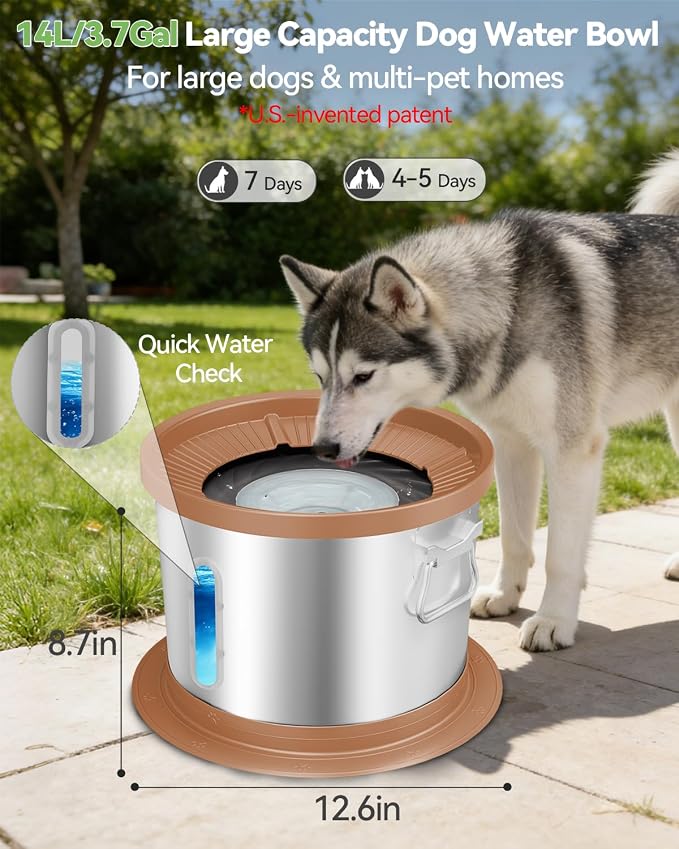 UPSKY 14L No Spill Dog Water Bowl, Spill Proof Slow Drinking for Large Dogs | Extra-large Capacity, 304 Stainless Steel, Dual-suction Anti-slip Base, Floating Disk, Water Window, For Messy Drinkers, Pink
