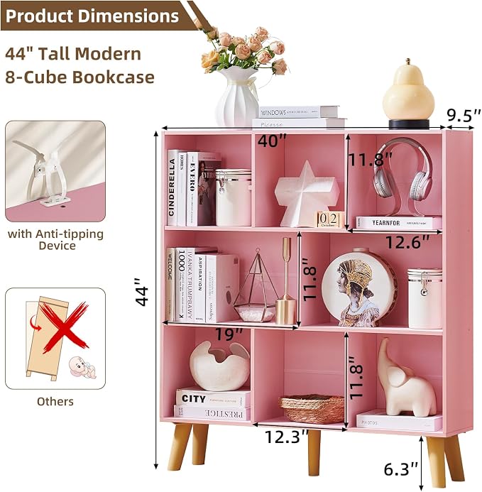 LEYAOYAO 8 Cube Bookshelf,Mid-Century Modern Bookcase with Legs,Light Pink | 3 Tier Book Shelf,Rustic Wood Bookshelves Freestanding Large Storage Organizer, Open Shelves for Bedroom, Living Room, Office