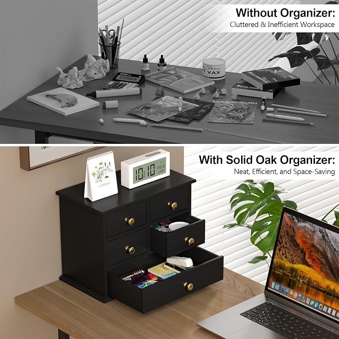 Oak Desk Organizer with Drawers, Durable Wooden Desktop Storage Box with Metal Handles & Non-Slip Silicone Pads, 5 Drawer Tabletop Organizer for Office, Bedroom, Bathroom, Vanity, and Makeup – Black
