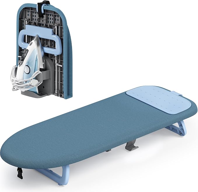 KINGBOARD Tabletop Ironing Board, Small Iron Board with Iron Holder, Foldable Mini Ironing Board, Easy Storage for Travel & Dorm, 12x32 Blue