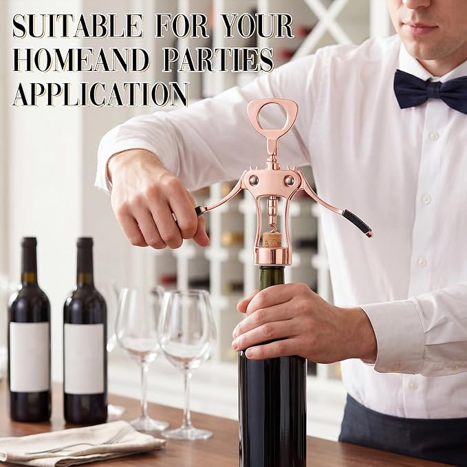 Hushee 5 Pcs Wing Corkscrew Opener, Zinc Alloy Heavy Duty Multifunctional Wine Bottle Opener for Restaurant, Bar, Waiters, Ideal for Wedding Shower Party Favors Gifts (Silicone,Rose Gold)