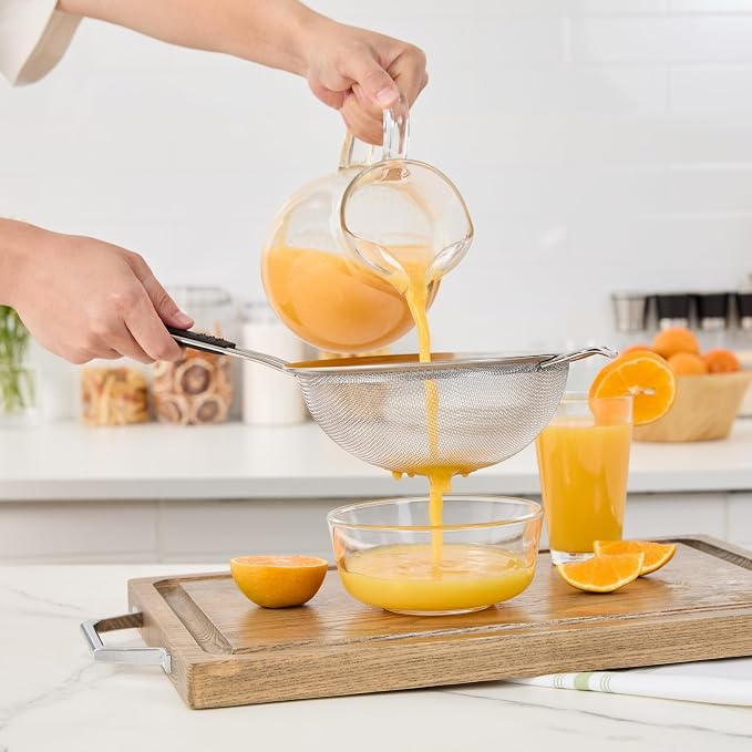 Restaurantware Fine Mesh Strainer 1 Count 15" x 7.8" x 3" with Silicone Handle Stainless Steel Extra Fine Mesh Strainer Heat-Resistant Handle Dishwasher-Safe for Rice, Quinoa, Pasta