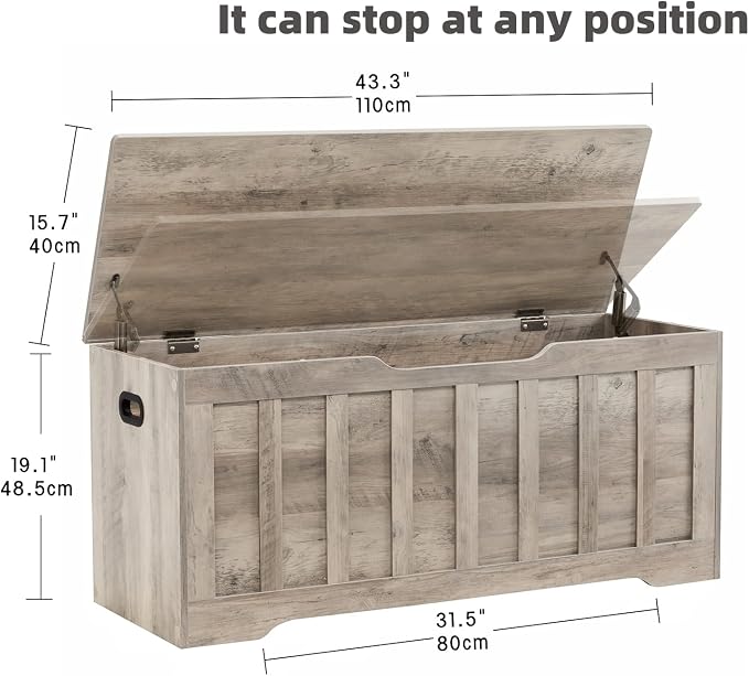 VANKILEY 43.3" Storage Chest Extra Large,Storage Trunk with 2 Safety Hinges,Wooden Storage Bench,Shoe Bench,43.3x15.7x19.1 Inch,Easy Assembly,Storage Bench for Bedroom,Living Room,entryway(Greige)