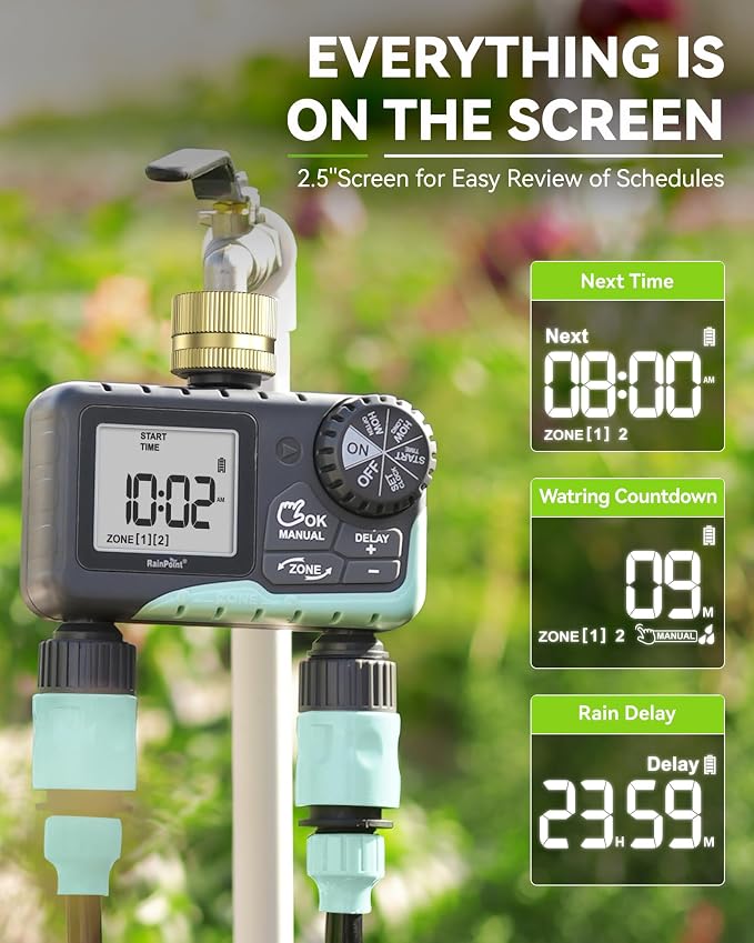 RAINPOINT Sprinkler Timer for Garden Hose - 2 Pack Brass Intel Hose Timer Rain Delay/Manual Watering/Automatic Irrigation for Yard Lawn
